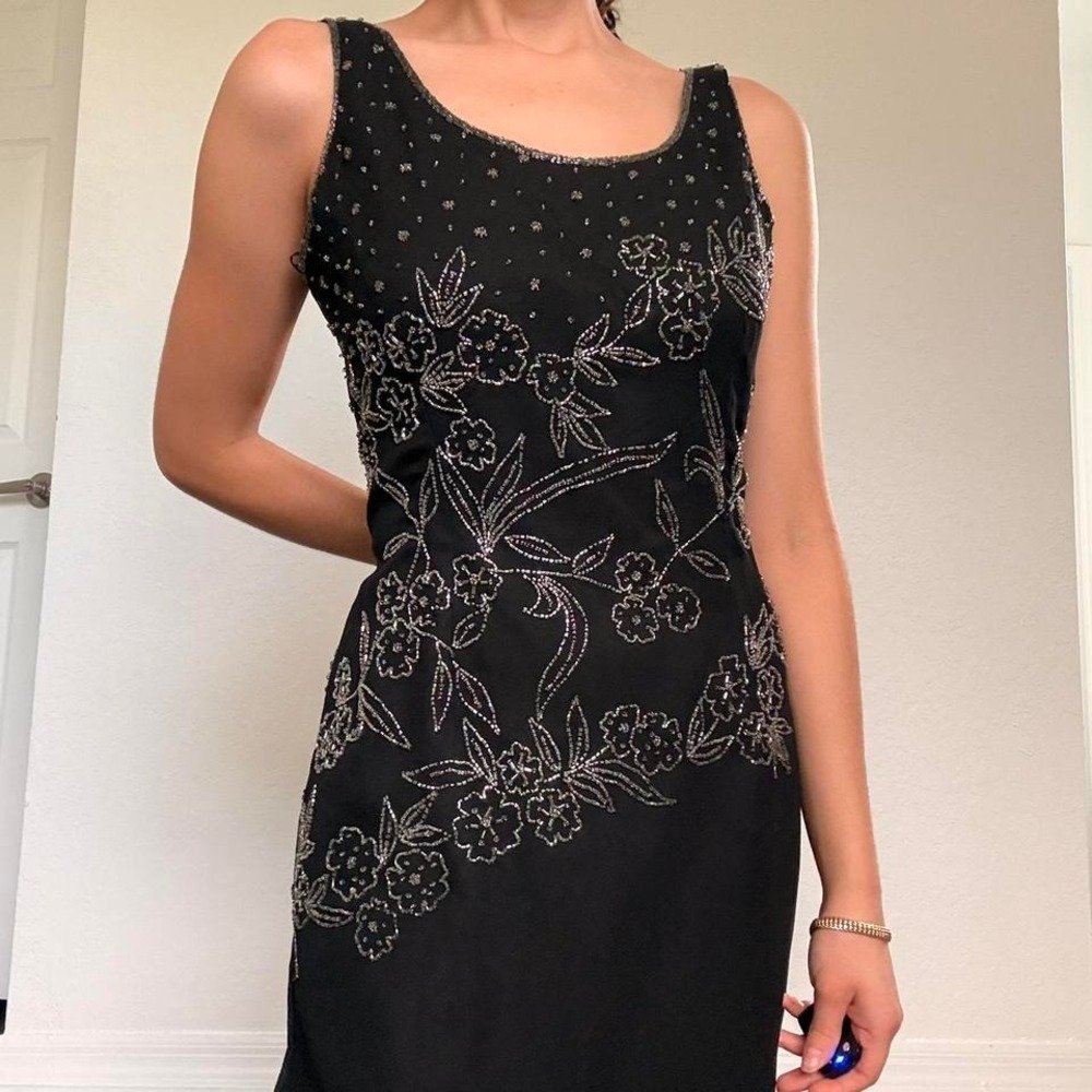 90s Black Beaded Floral Maxi Dress